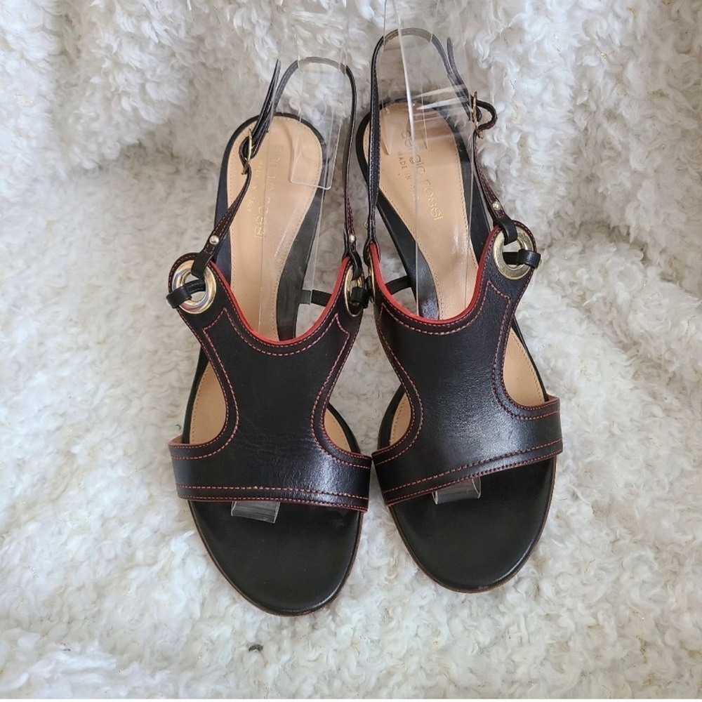 Sergio Rossi Black With Red Accents Strappy Heeled Sandals sz 37.5 - Picture 5 of 8